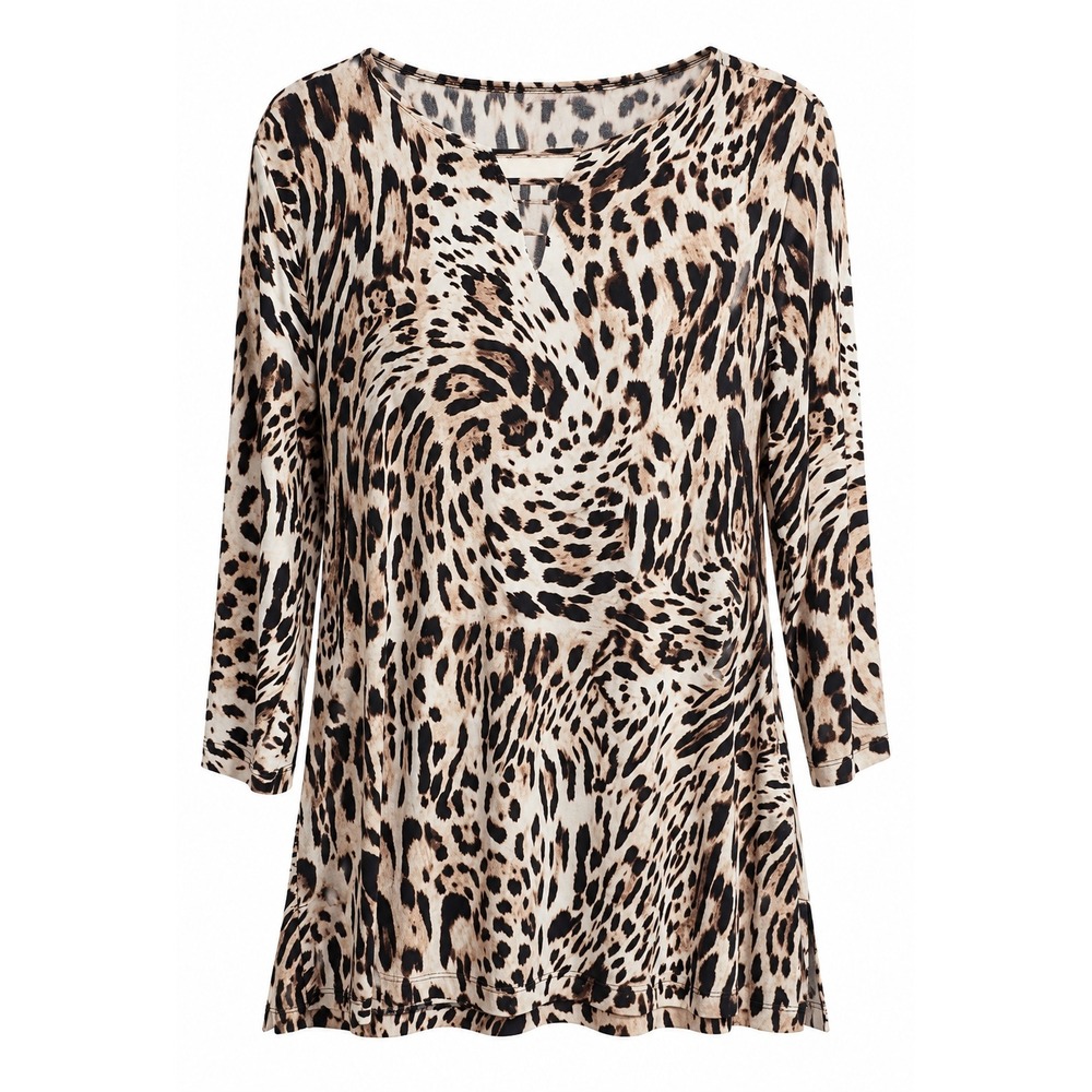 Chicos Travelers Leopard Print Tunic Top Size 2 L Large 12/14 V-Neck 3/4 Sleeve
